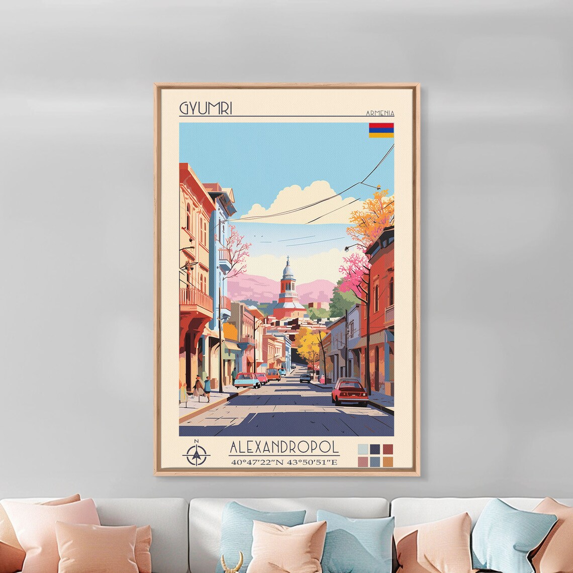 Gyumri Armenia Street Vintage Cars Bell Tower Pink Hills Poster