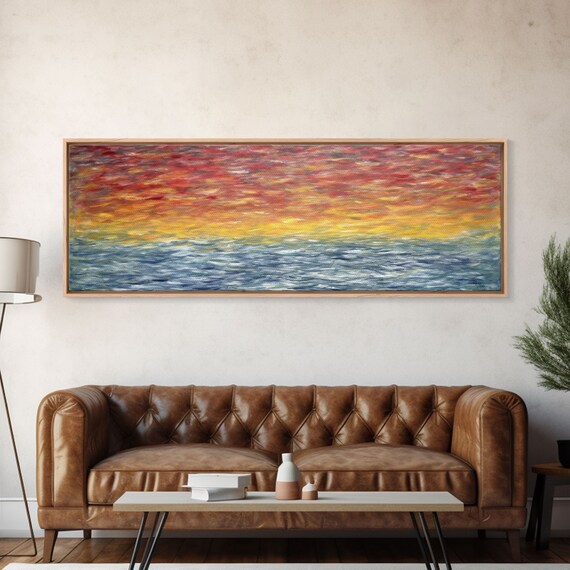 Abstract Ocean Horizon Fiery Red Sky Blue Water Sunset Wall Art Poster