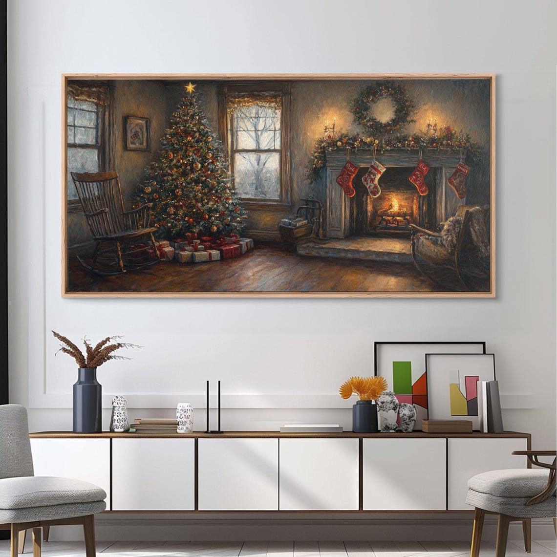 Cozy Christmas Living Room Fireplace Tree Stockings Rustic Poster - Image 2