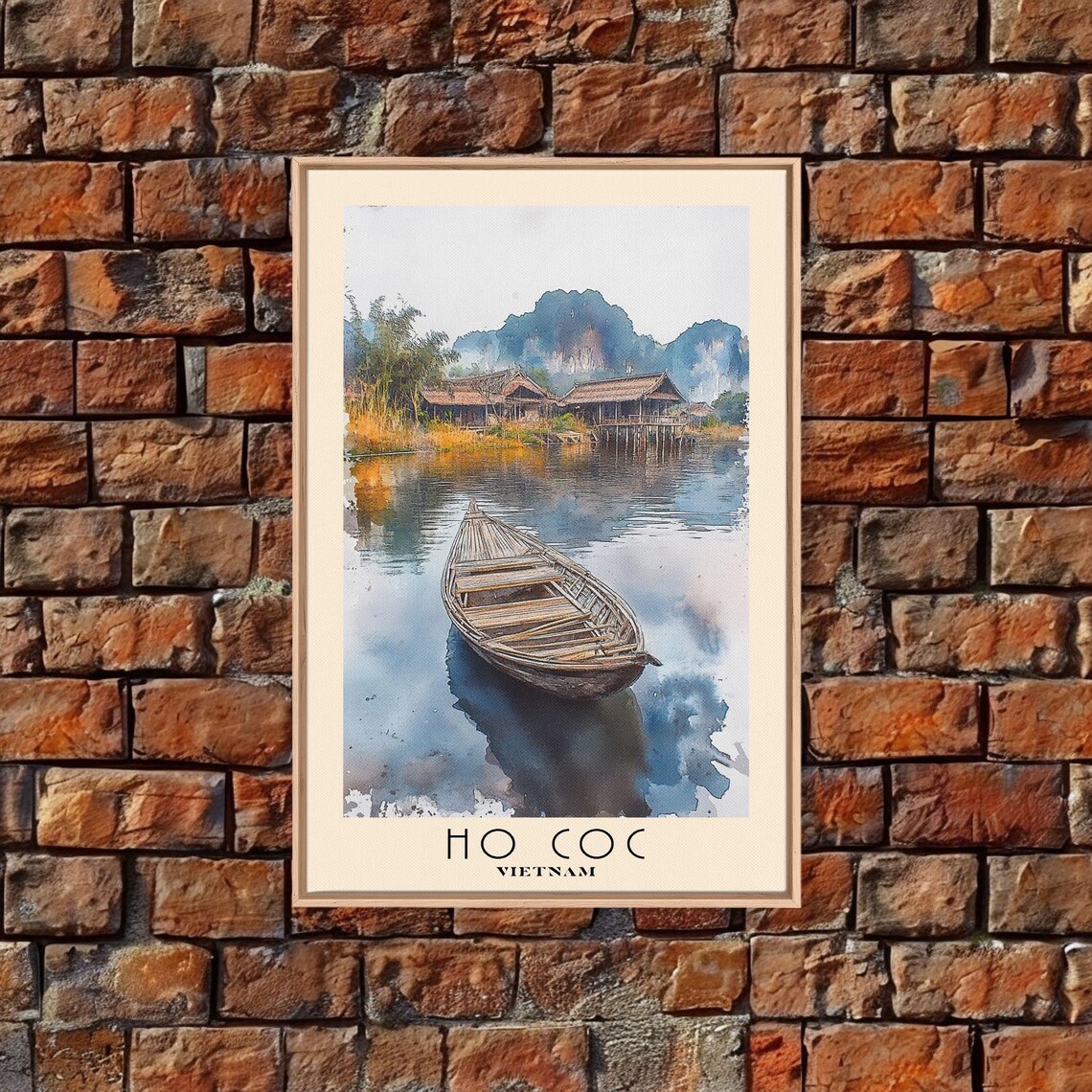 Ho Coc Vietnam Wooden Boat Still Water Stilt Huts Watercolor Poster - Image 5