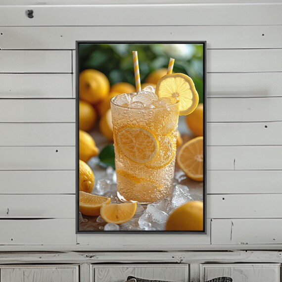 Sparkling Lemonade Glass Lemon Slices Striped Straws Wall Art