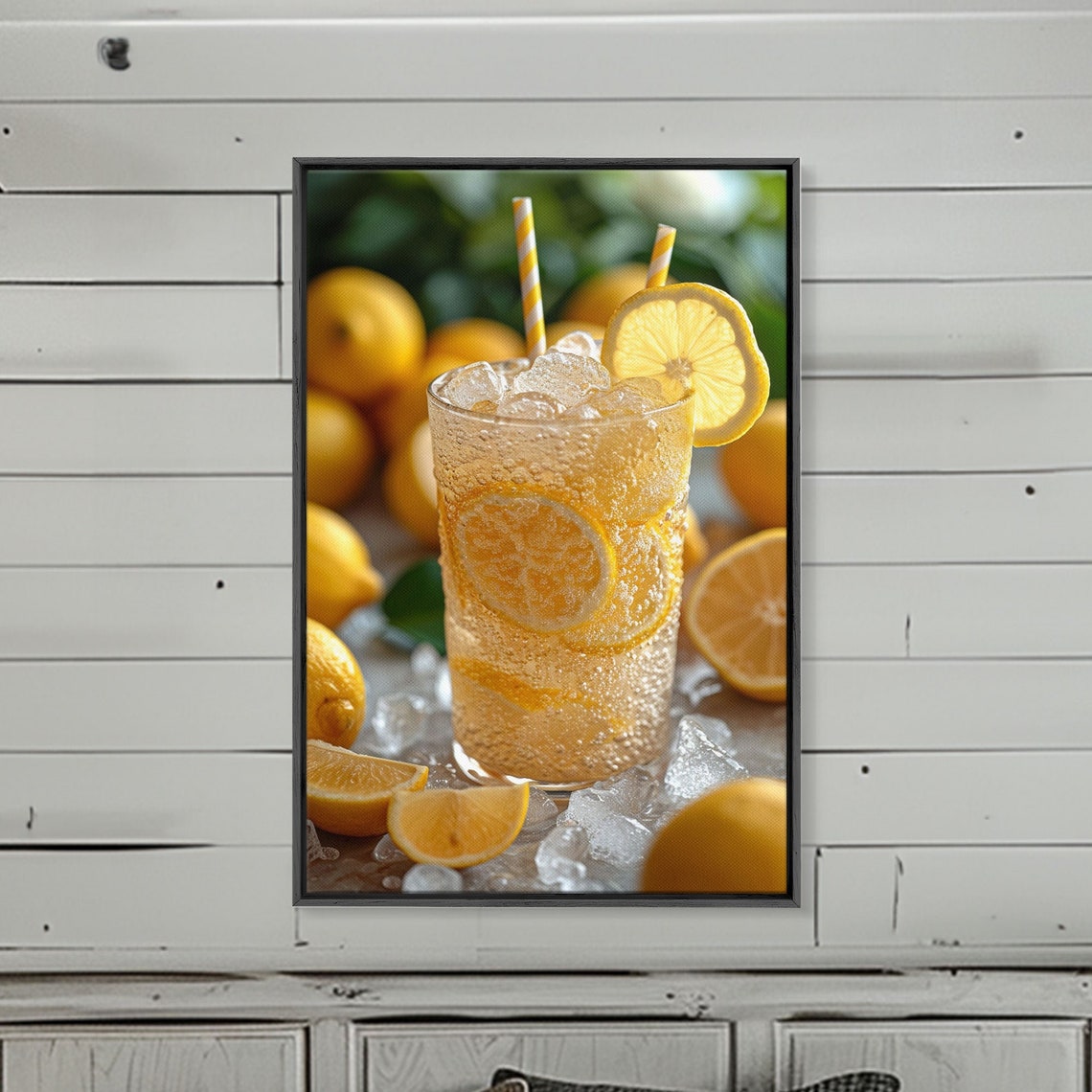 Sparkling Lemonade Glass Lemon Slices Striped Straws Wall Art