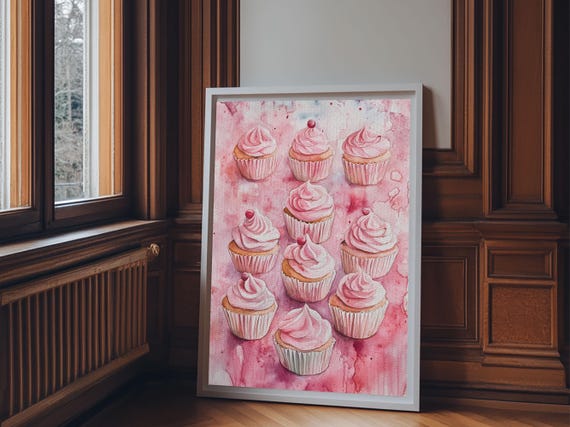 Pink Cupcakes Print Food Review Kitchen Art Dessert Wall Art Rustic Farmhouse Decor Gift Idea Pastel Whimsical Artwork