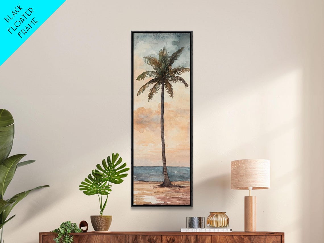 Tropical Palm Tree Sunset Beach Ocean Waves Watercolor Wall Art - Image 2