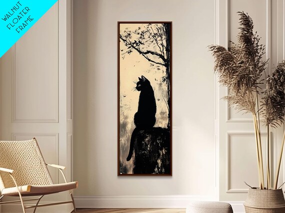 Black Cat Silhouette Night Branch Minimalist Ink Wash Wall Art