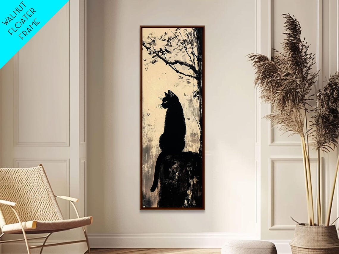 Black Cat Silhouette Night Branch Minimalist Ink Wash Wall Art