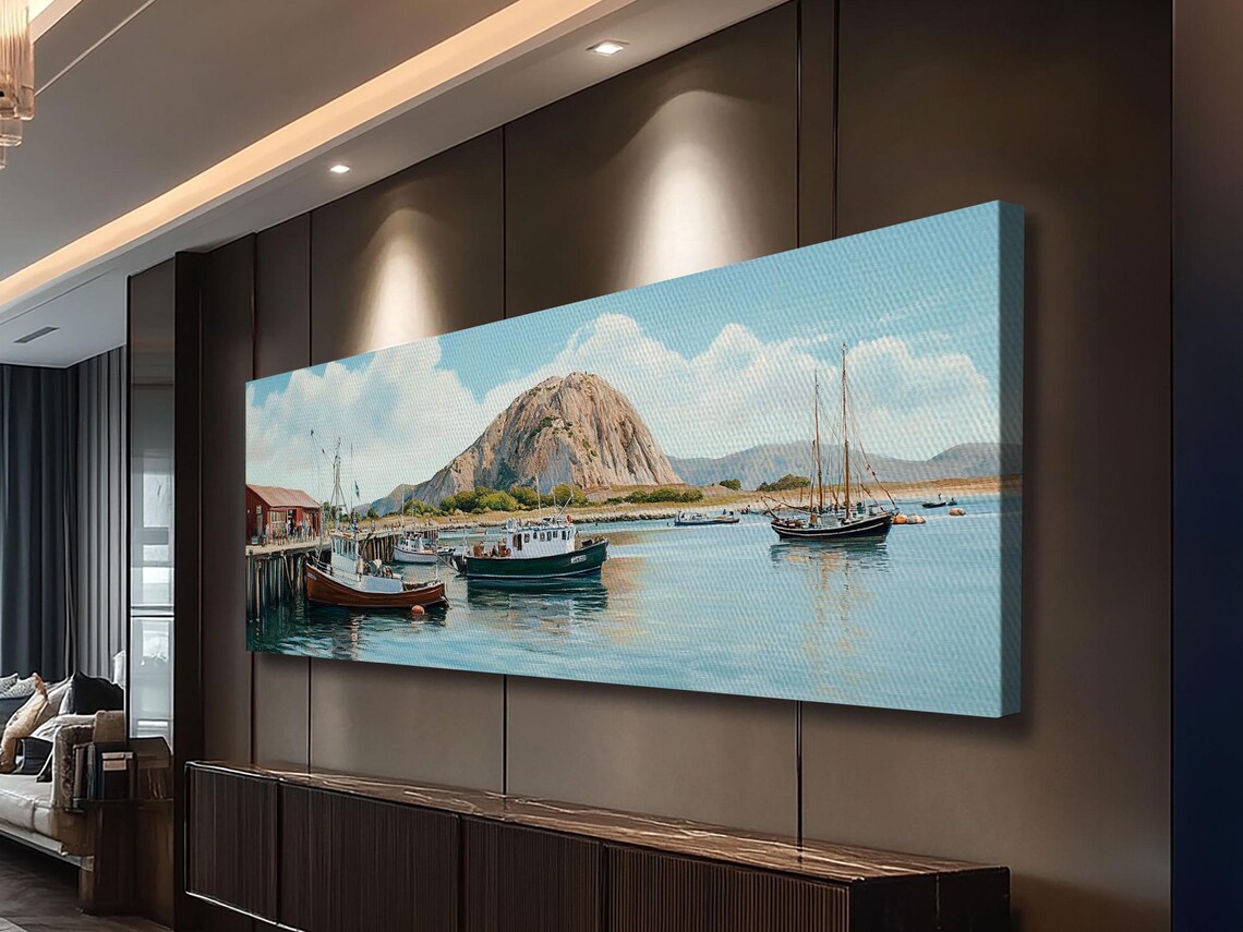Morro Bay California Panoramic Harbor Boats Morro Rock Ocean View Poster - Image 3