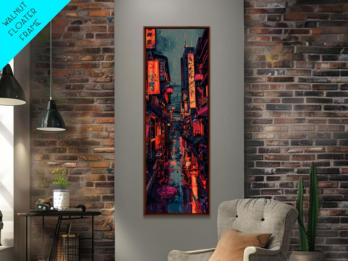 Vibrant Cityscape With Colorful Street Signs Skinny Art Tall Art Framed Print Japanese Style Art Ukiyo E Art Wood Block Print - Image 3