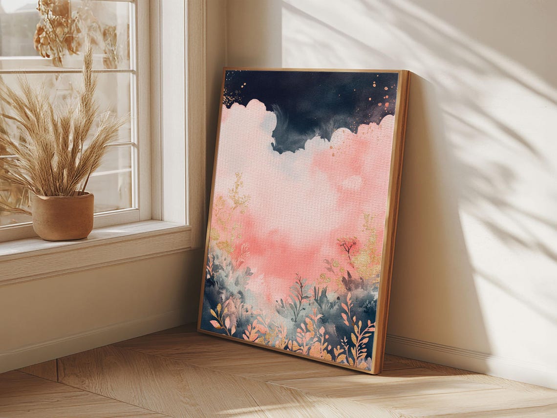 Moody Pink Cloud Sky Dark Botanical Gold Night Landscape Wall Art - Image 4