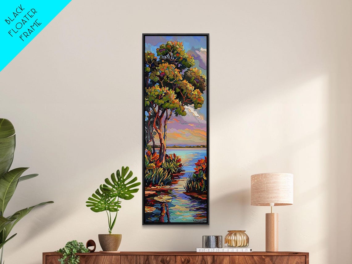 Sunset Over Waterway With Tall Trees And Lily Pads Impasto Lake Poster - Image 2