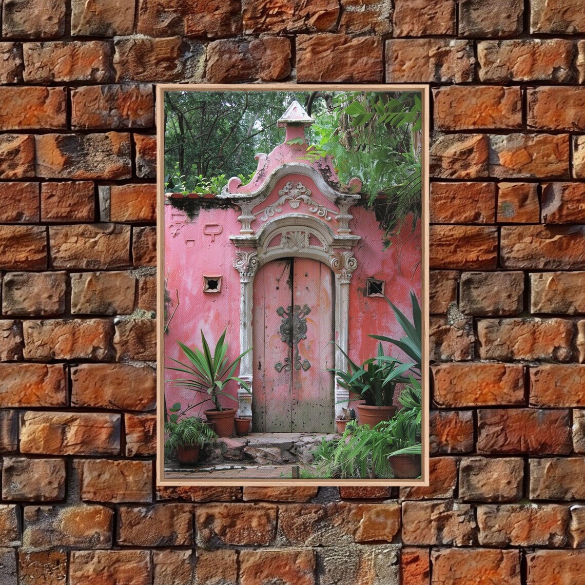 Vintage Rose Pink Wooden Door Ornate Stone Portal Garden Travel Poster - Image 4