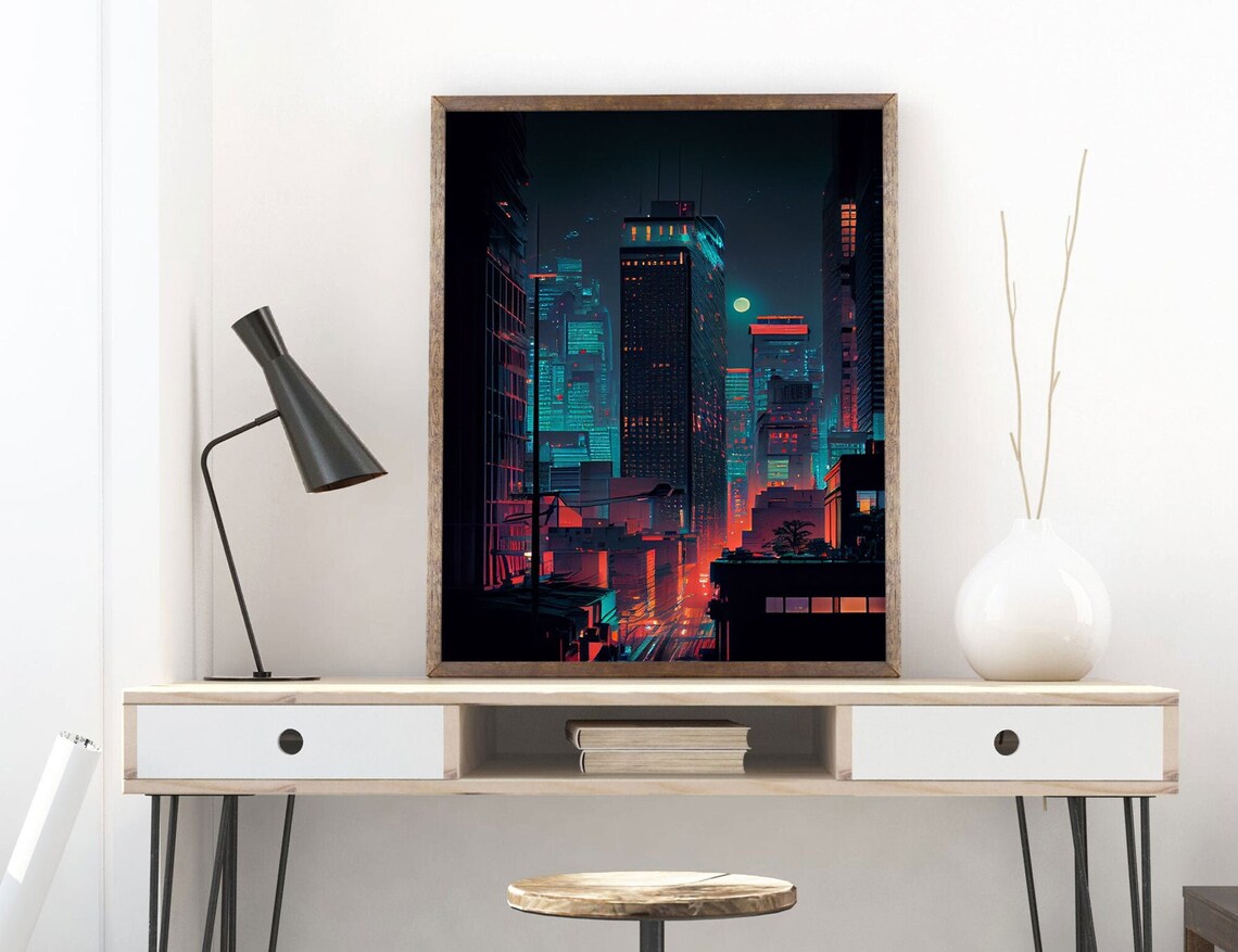 Night Cityscape Skyscrapers Dark Art Print - Image 3