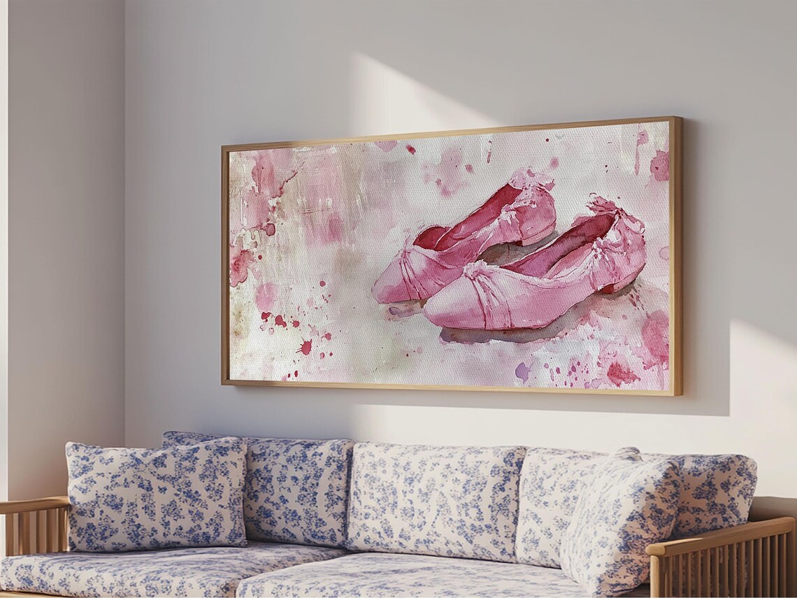 Pink Ballet Slippers Watercolor Satin Dance Shoes Feminine Panoramic Art - Image 4