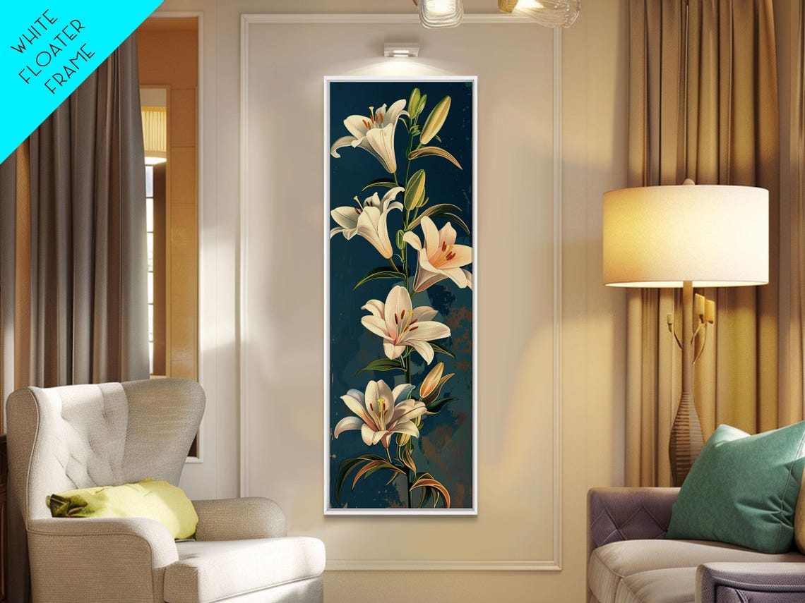 White Lilies On Green Stems Against Deep Teal Ukiyo E Style Art Poster - Image 2
