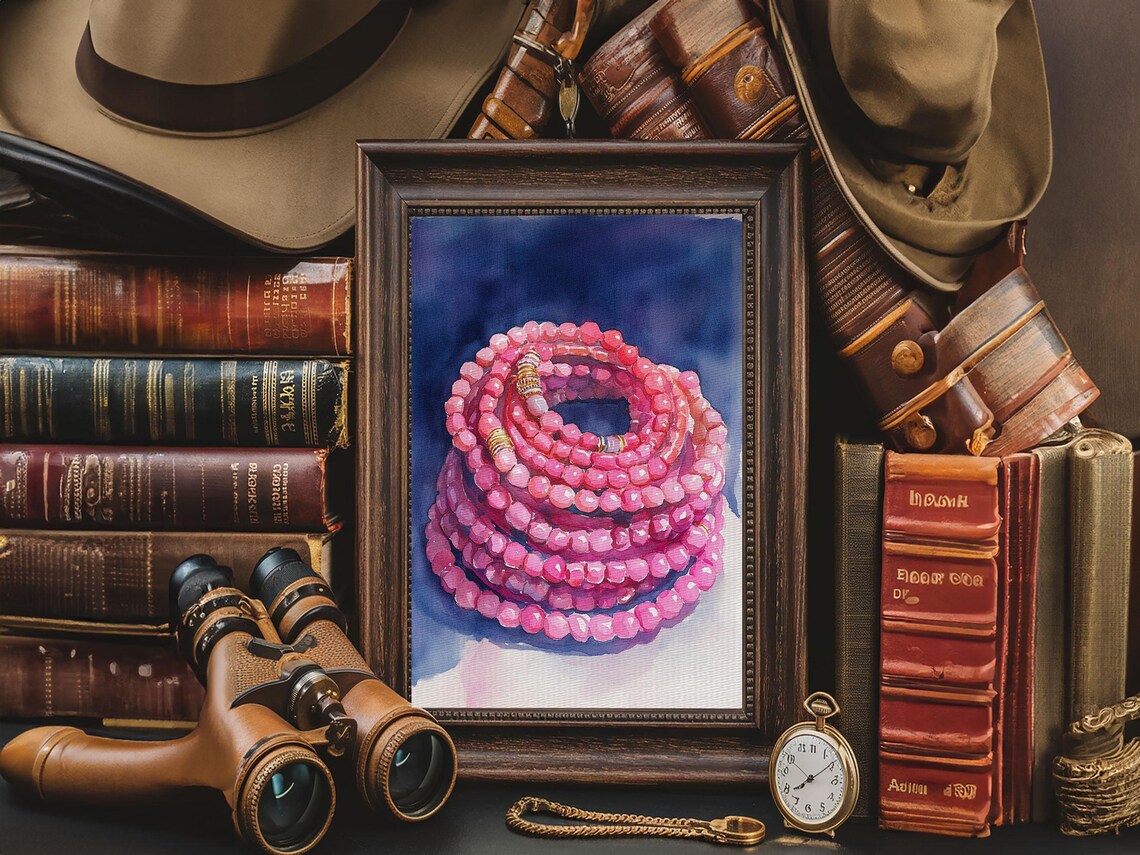 Pink Beaded Bracelets Stacked On Navy Blue Watercolor Wall Art Print - Image 2