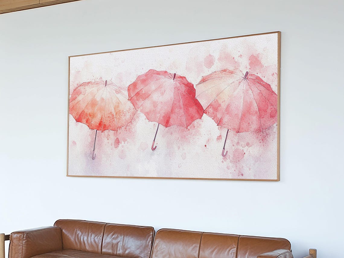Three Pink Umbrellas Watercolor Whimsical Rainy Day Decor Poster - Image 2