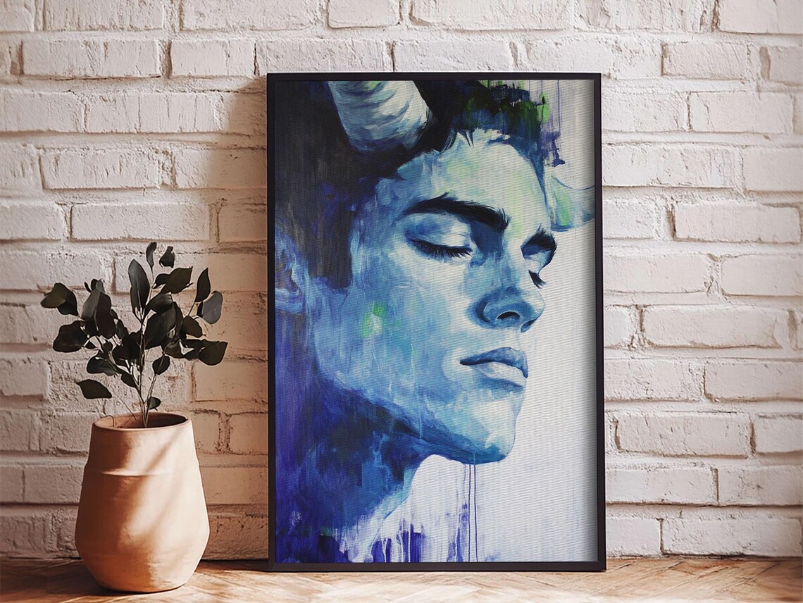 Satyr Face Watercolor Blue Eyes Closed Dreamy Fantasy Creature Art Poster - Image 4