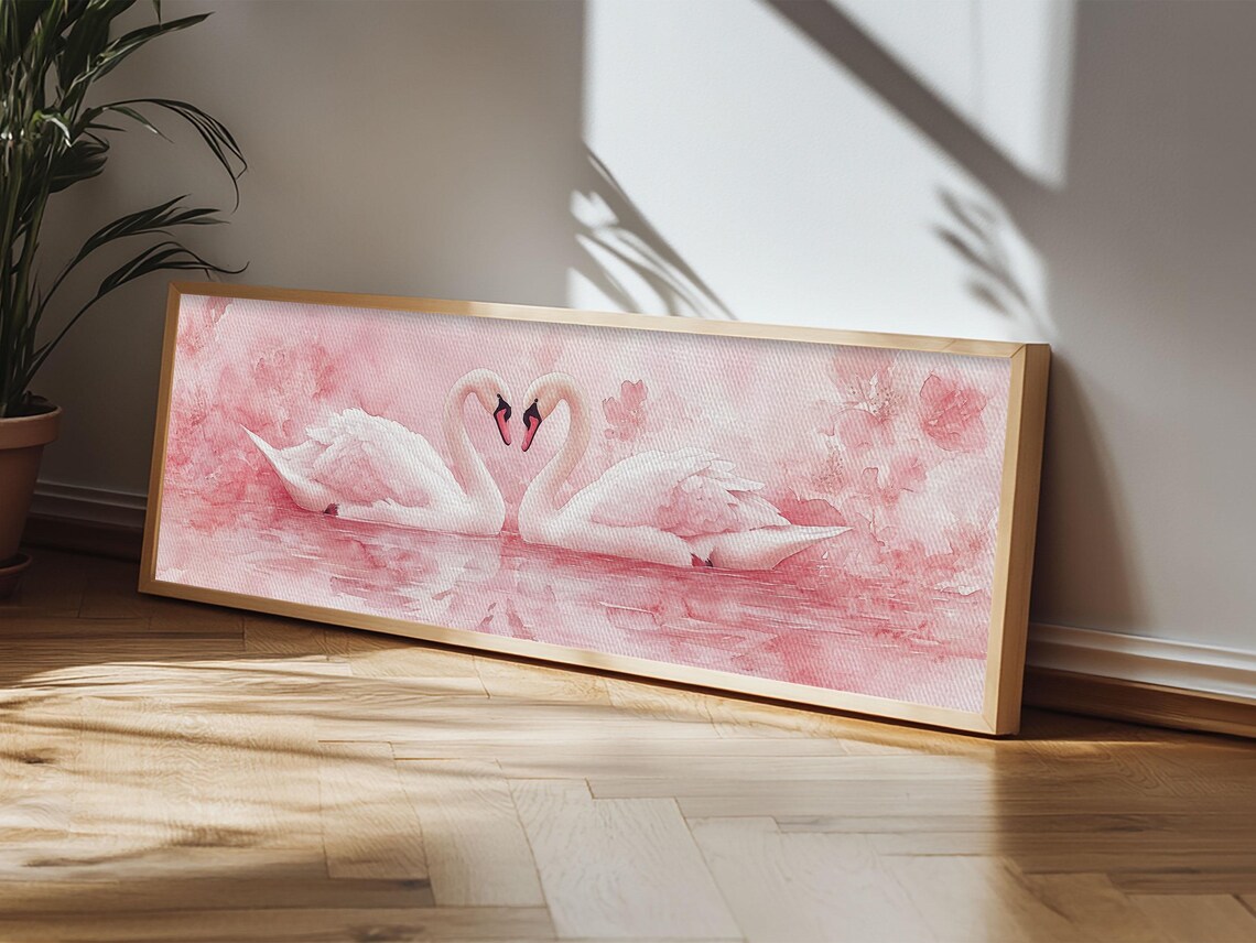 Swan Pair Pink Blossom Lake Watercolor Romantic Animal Wall Art - Image 6