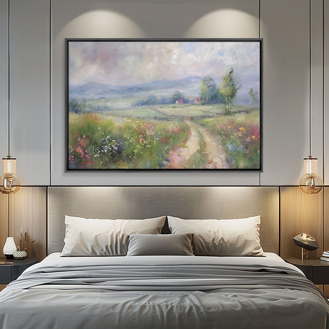 Wildflower Meadow Country Path Soft Impressionist Landscape Wall Art - Image 3