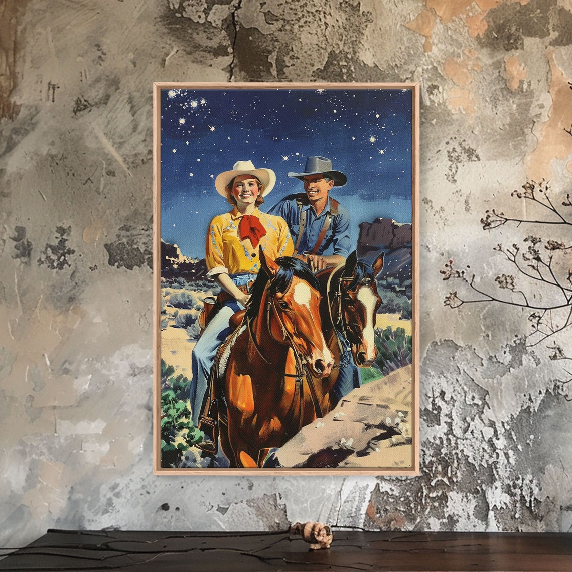 Vintage Western Couple Riding Horses Under Starry Sky Art Poster - Image 5