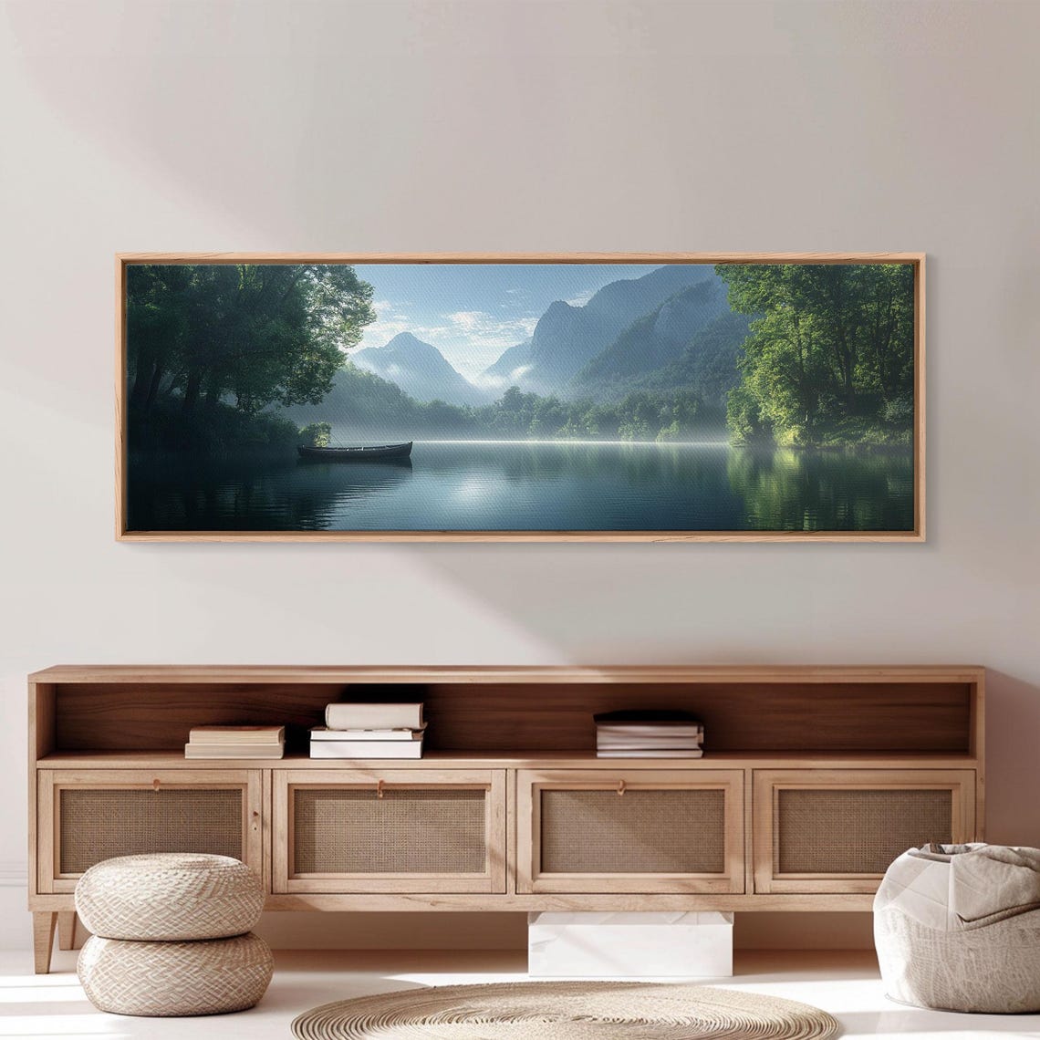 Canoe On Misty Lake Mountain Morning Fog Pines Panoramic Travel Poster - Image 4