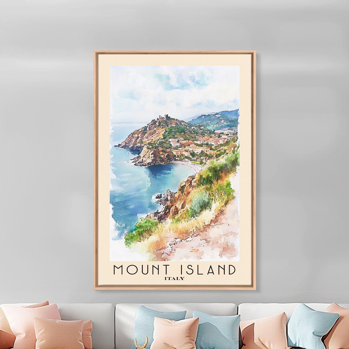 Mount Island Italy Rugged Headland Blue Bay Watercolor Travel Poster - Image 3