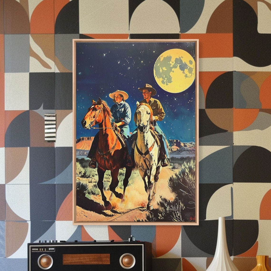 Vintage Cowboy Couple Riding Under Full Moon Night Sky Western Poster - Image 5