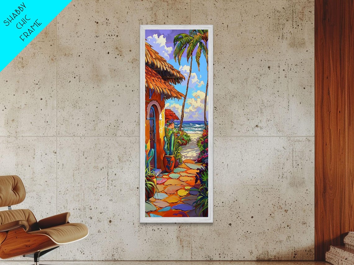 Beach Palapa Hut With Stone Path And Palm Trees Impasto Coastal Poster - Image 4