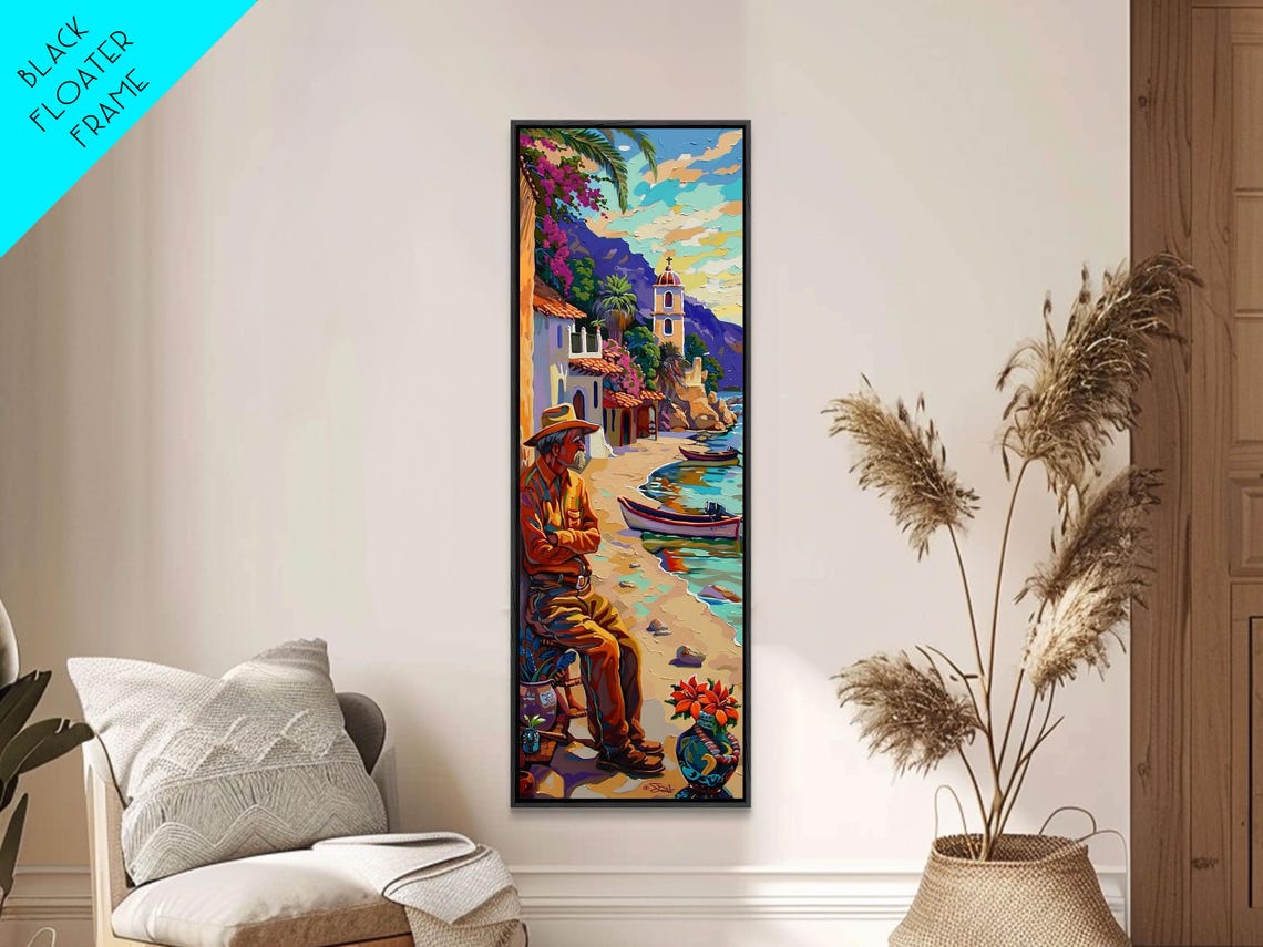 Fisherman On Beach By Coastal Village With Boats Impasto Harbor Poster - Image 6