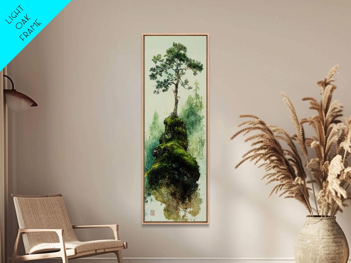 Lone Pine Tree on Mossy Rock Misty Green Watercolor Zen Wall Art - Image 5