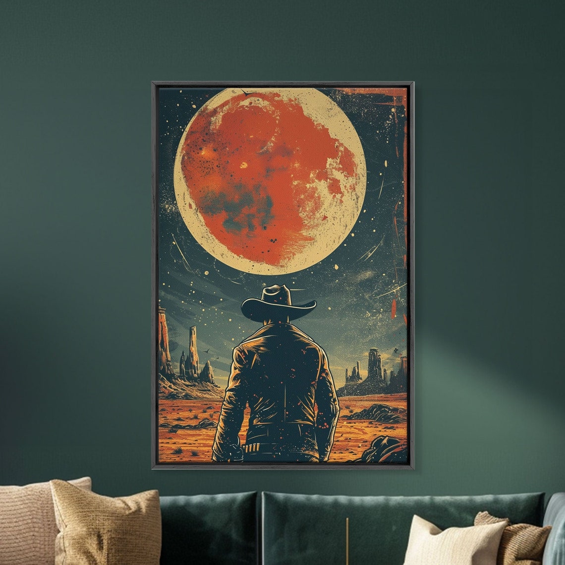 Cosmic Cowboy Poster Silhouette in Desert Canyon Under Giant Red Moon - Image 5