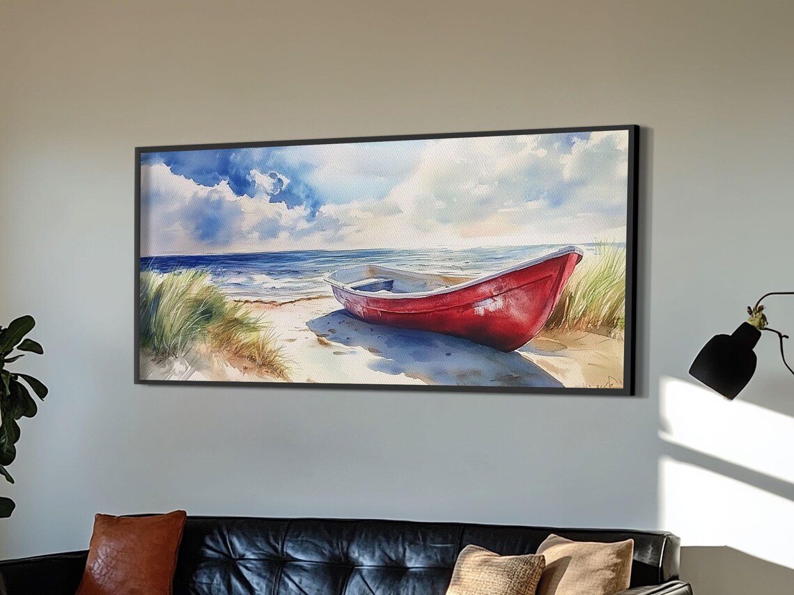 Red Canoe On Sandy Beach Panoramic Painting Ocean Waves Coastal Scene Poster - Image 4