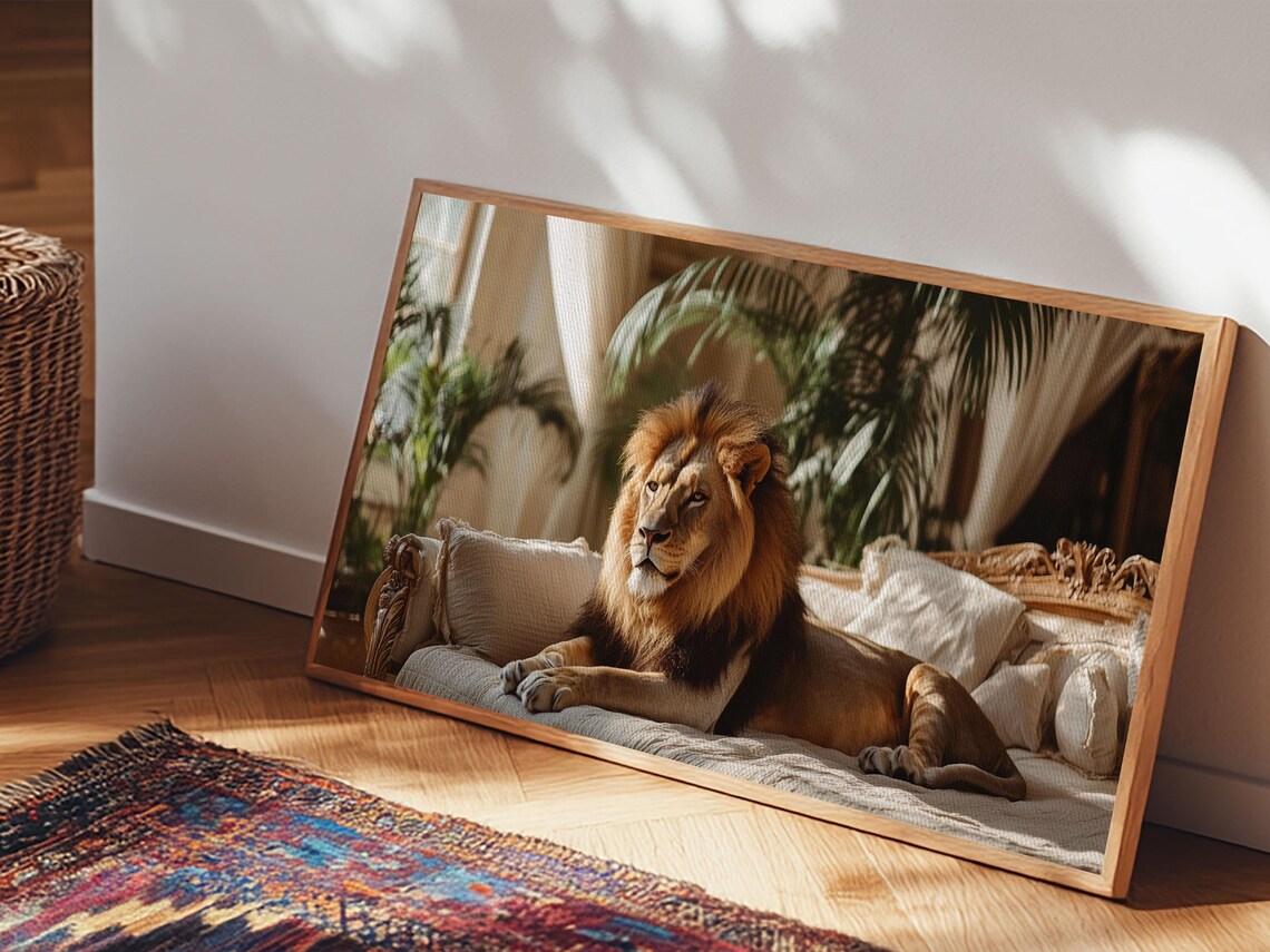 Majestic Lion Lounging Vintage Sofa Sunlit Conservatory Wildlife Art Poster - Image 3