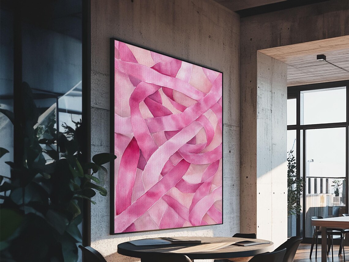 Abstract Pink Ribbons Watercolor Modern Minimalist Wall Art Poster - Image 2