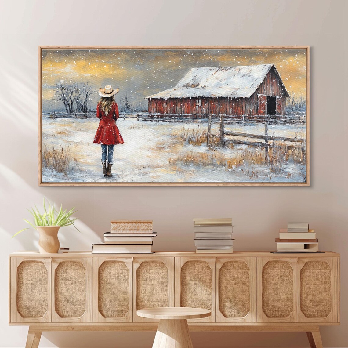 Barn Painting Framed Print Cowgirl And Her Barn Rustic Farmhouse Decor Winter Painting Winter Wonderland Farmhouse Wall Art - Image 6