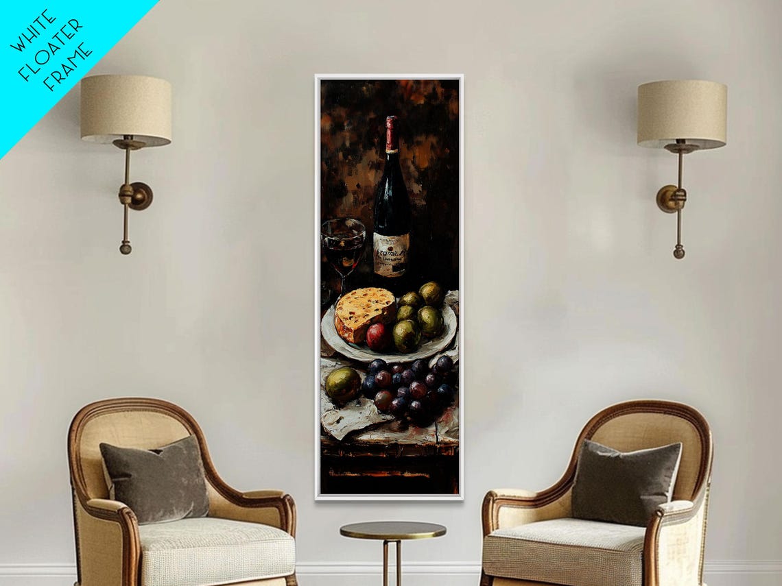 Rustic Wine Bottle Cheese Fruit Still Life Dark Kitchen Art Poster - Image 4