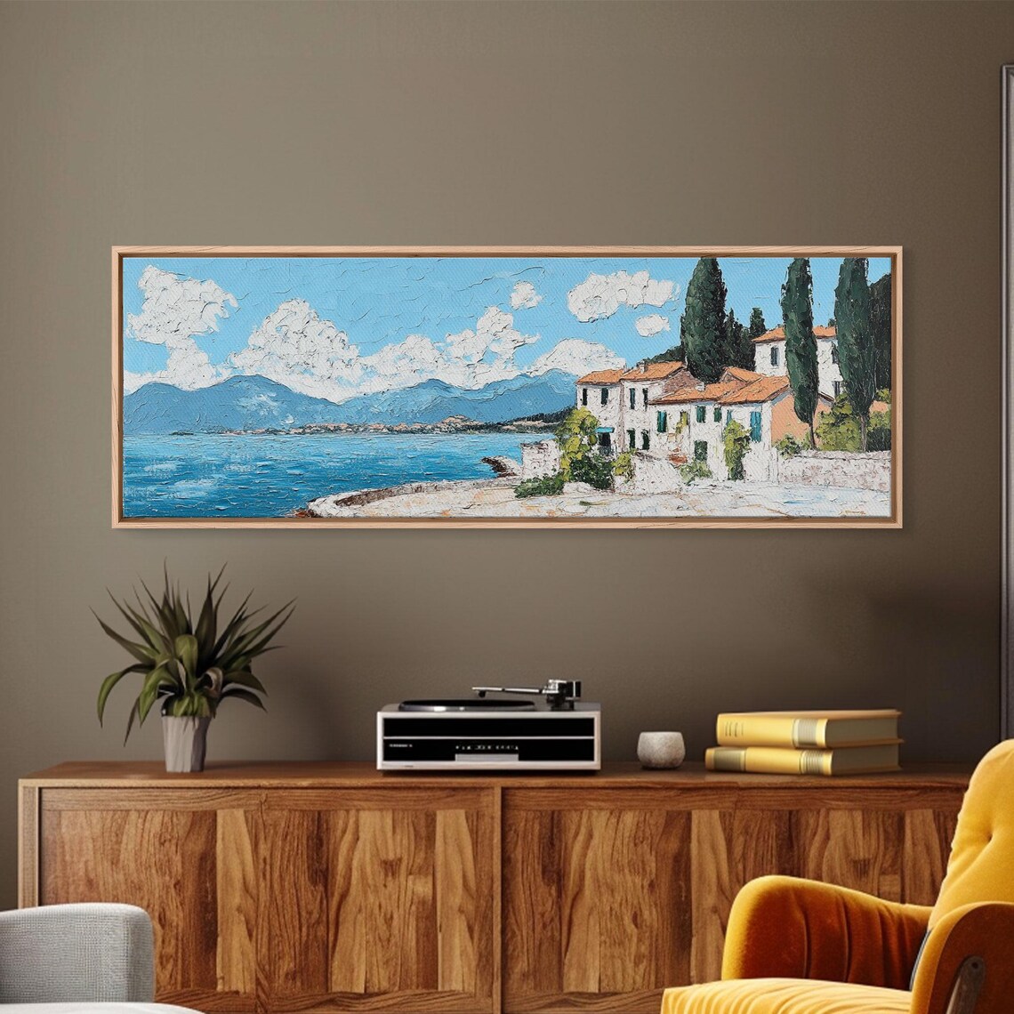 Italian Lake Coastal Villa Cypress Trees Impressionist Oil Travel Poster