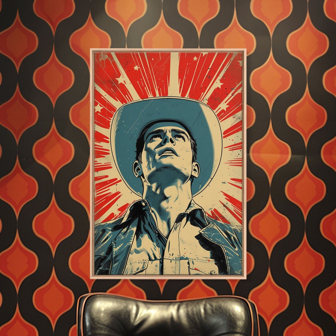 Cowboy Pop Art Poster Man in Hat Looking Up with Red Starburst Rays
