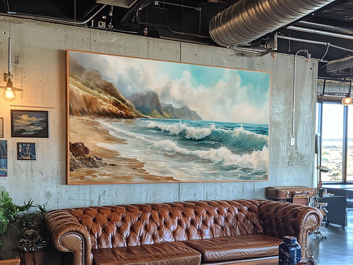 Misty Coastal Cliffs Crashing Ocean Waves Sandy Beach Panoramic Wall Art - Image 3