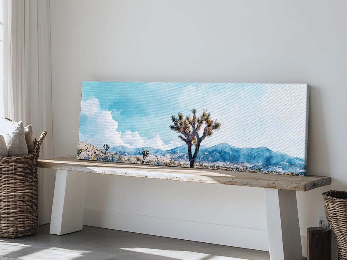 Joshua Tree Desert Watercolor Blue Mountain Panoramic Poster Art - Image 2