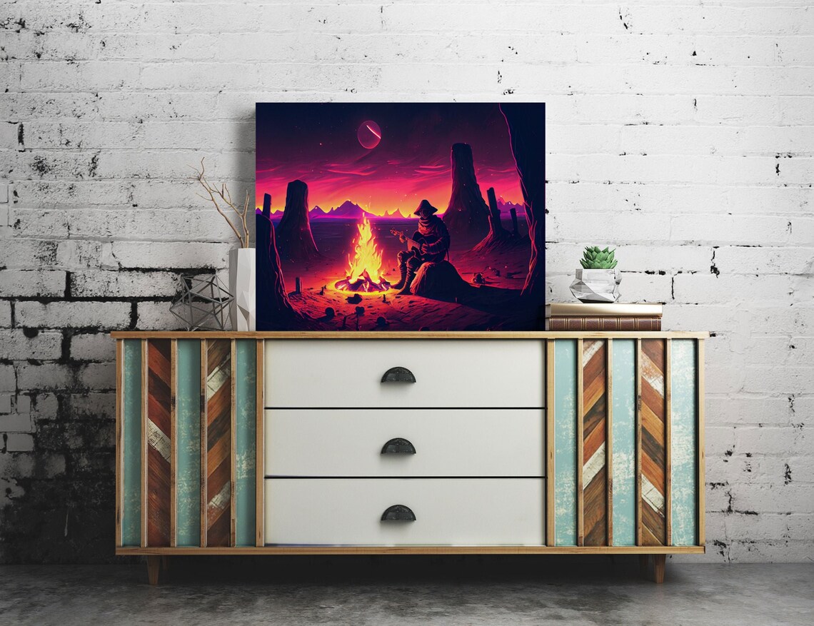 Valley Canyon Man Campfire Guitar Landscape Magenta Fine Art Print Wall Art Print Wall Poster Wall Dcor - Image 5