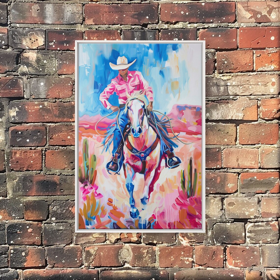 Vibrant Cowboy Riding White Horse Galloping Desert Art Poster - Image 5
