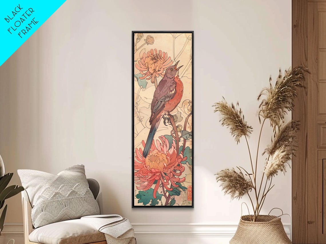 Singing Songbird Among Coral Chrysanthemums Ukiyo E Style Art Poster - Image 6