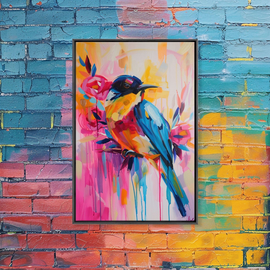 Colorful Bird And Flowers Pop Art In Pink Blue And Yellow Poster