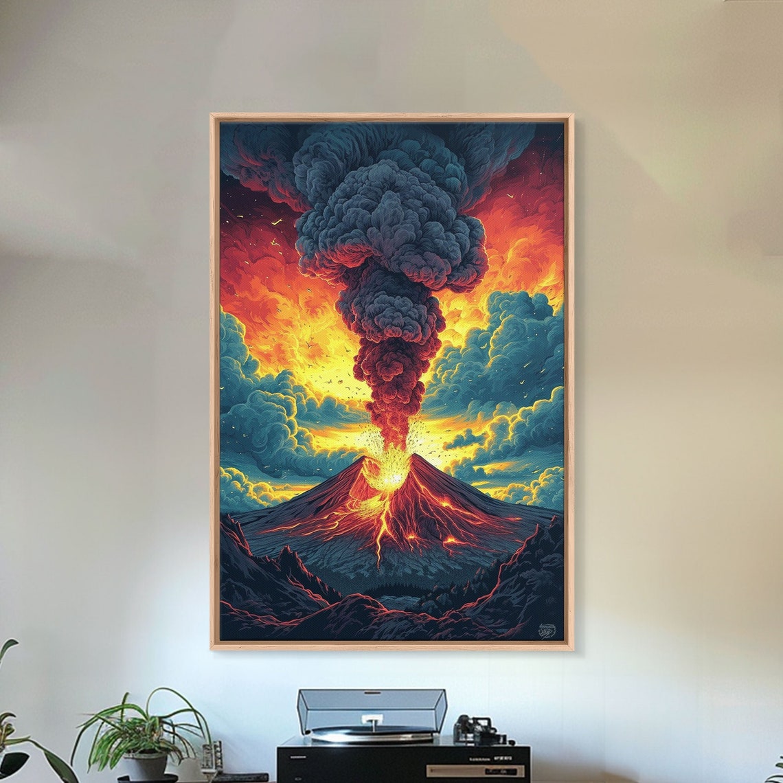 Erupting Volcano Lava Smoke Column Dramatic Sunset Painting Print - Image 4