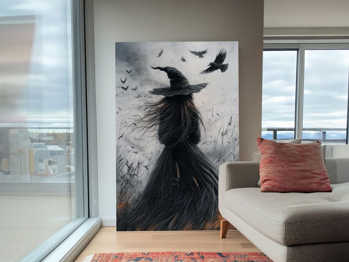 Witch With Crows From Behind Misty Field Gothic Spooky Season Poster