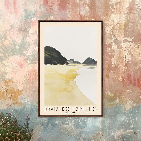 Praia do Espelho Brazil Pale Gold Beach Dark Green Headlands Coastal Watercolor Poster
