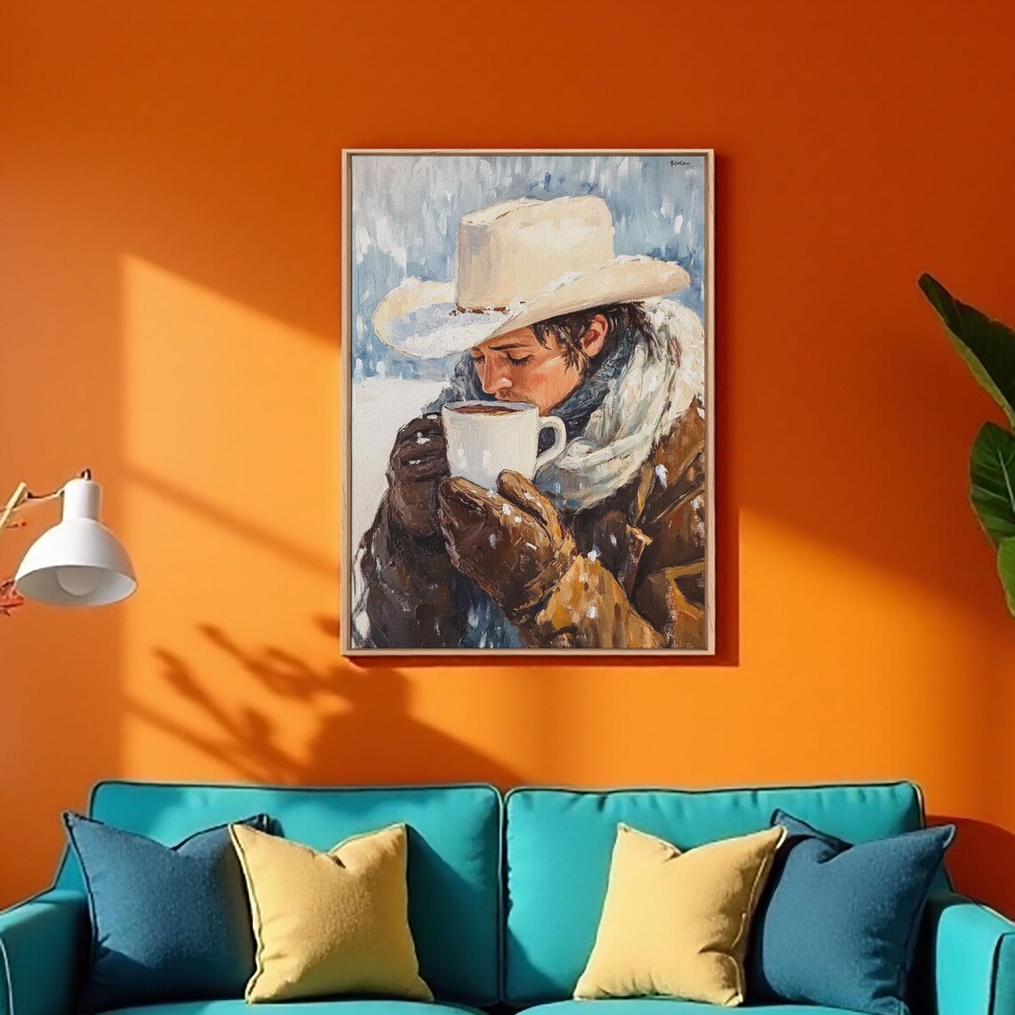 Cowboy Sipping Cocoa In Snow White Hat Gloves Framed Winter Art Poster - Image 3