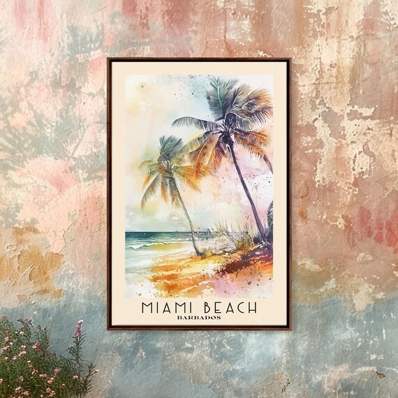 Miami Beach Barbados Palm Trees Tropical Shore Watercolor Travel Poster