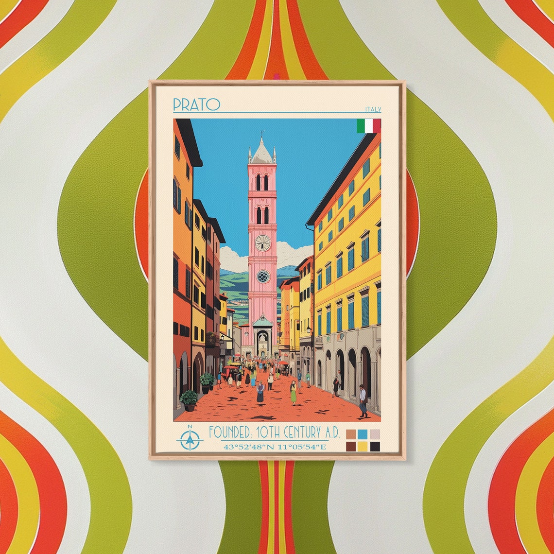 Prato Italy Bustling Street Pink Clock Tower View Travel Poster - Image 4